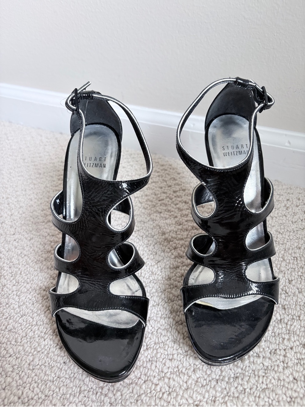 Stuart Weitzman Black Patent Cage Platform Sandals 7.5